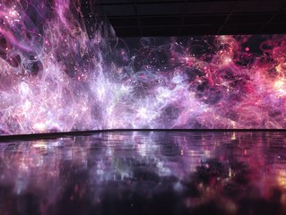Colorful cosmic abstract art display reflected in polished surface