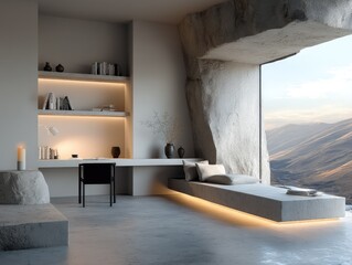 and keyword list for the image, following your specifications

 Room Interior, Window View - Calm, Minimalist Cave Living Area, Mountains.