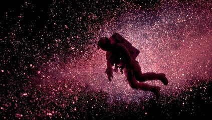 Fototapeta premium Astronaut floats in space, surrounded by vibrant red and white nebulae