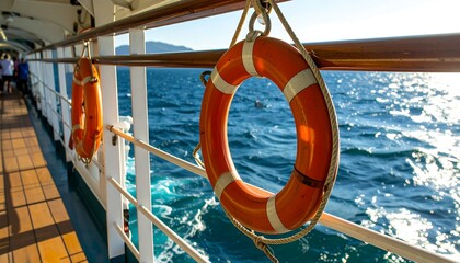 Orange life preservers hang from the railing of a ship, overlooking a body of water.