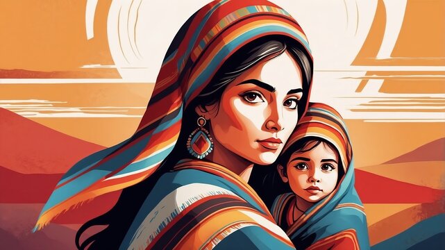 Abstract mother and child faces with traditional serape patterns.