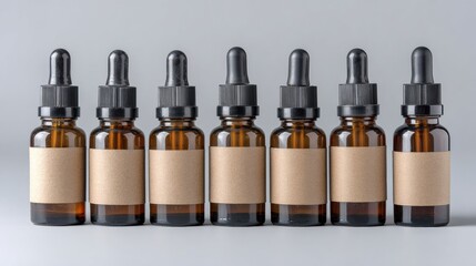 Brown Glass Dropper Bottles Arranged in a Straight Line With Blank Labels on a Gray Background