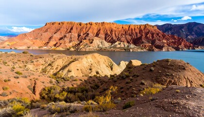 Obraz premium Colorful mountains and a serene lake reflect the vibrant hues of a dramatic landscape.