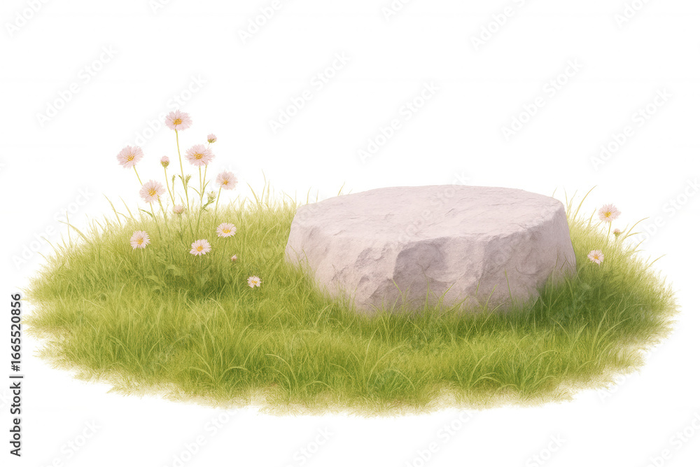 Poster 3d rendering of a circular stone platform surrounded by grass and flowers, ideal for displaying prod