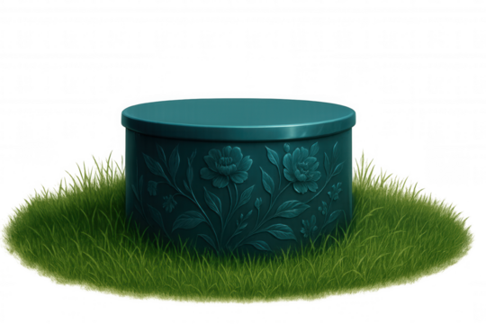 Teal green podium with floral design set on grass patch, ideal for product displays or presentations with transparent background