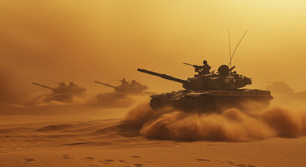 Military tanks advancing through desert landscape during sandstorm