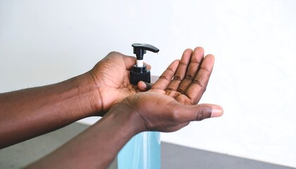 Hands carefully dispensing hand sanitizer onto a pair of dark-skinned hands, against a plain, light-gray background.