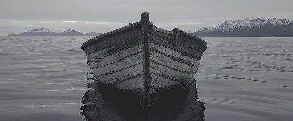 Lonely, wooden boat in the dark, calm water, reflecting the boat. Distant mountains visible