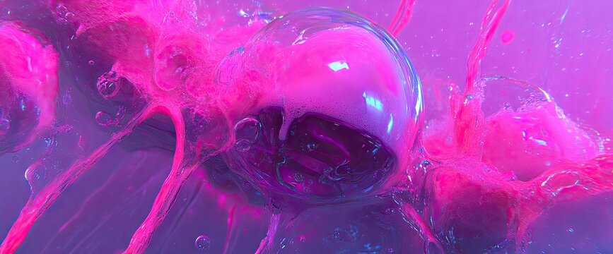 Abstract shot of thick, oozing pink liquid, with iridescent bubbles throughout the strange substance