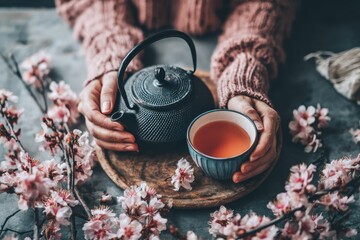 Hands holding a teacup and teapot surrounded by cherry blossoms.
