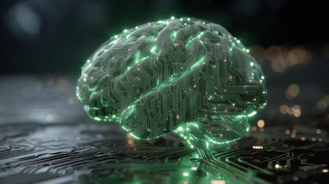 Futuristic digital rendering of a glowing green brain model with illuminated neural connections symbolizing artificial intelligence neuroscience and advanced technology innovation