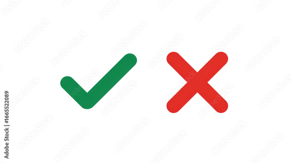 Wall mural green check mark and red cross icon set for ui, app feedback, or approval interface isolated on tran