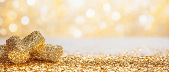 Sparkling gold candies with blurred lights background with golden glitter for a bright and festive look