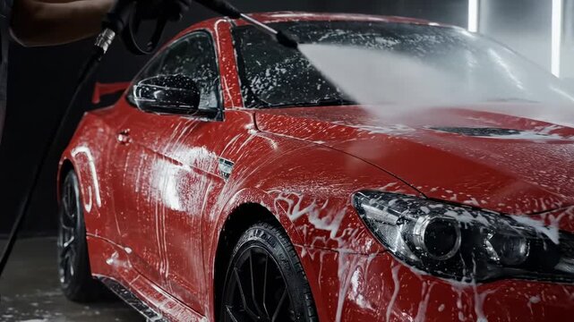 Car detailing and car wash. Car being washed with soap and water after deep cleaning of auto interior