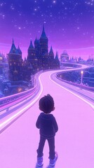 Journey through a radiant purple cityscape, a child walking towards a majestic castle