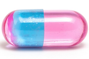 A translucent capsule, divided with pink on one side and blue on the other. Macro shot on a white backdrop