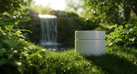 Skincare plain no brad jar mockup placed near a small waterfall in lush greenery.