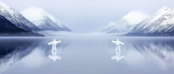 Mountains frame a glassy lake with reflections, two people in white suits on it