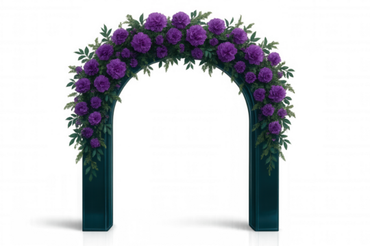 Wedding arch adorned with lavender blooms and verdant foliage, framing romantic ceremony setting against clean white backdrop