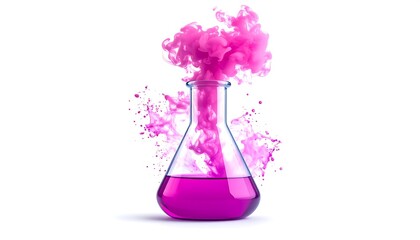 Vibrant pink chemical reaction in a glass flask against a plain white backdrop.
