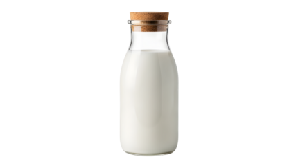 Glass bottle of milk with cork stopper on transparent background
