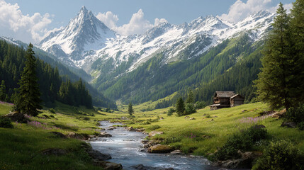 Tranquil Alpine Valley with Snow-Covered Peaks and Zig-Zag Path on Transparent Background