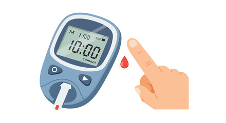 A digital illustration depicting a blood glucose meter displaying a reading, with a finger and a drop of blood nearby, representing diabetes testing.