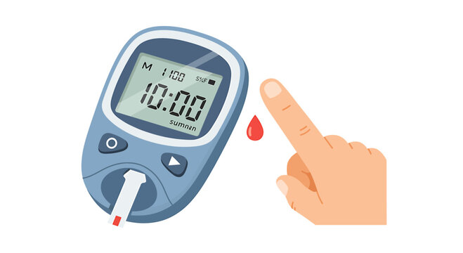 A digital illustration depicting a blood glucose meter displaying a reading, with a finger and a drop of blood nearby, representing diabetes testing.