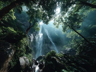 and keyword list based on the image, following your instructions

 Waterfall Cascades Down Mountain, Lush Forest Canopy Above, Nature Scene
