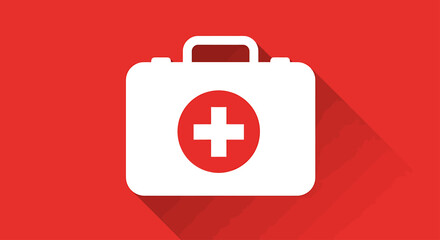 Obraz premium White first-aid kit icon on red background, medical supplies, emergency preparedness.