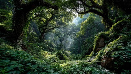 and keyword list based on the image, following your specifications

 Sunlight Streaming Through a Dense Forest Canopy in a Lush Woodland Area