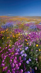 Colorful wildflowers bloom across a vibrant, sunny meadow under a blue sky