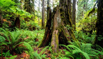 Lush greenery blankets a mossy forest floor, with ferns and undergrowth surrounding ancient tree roots and stumps.