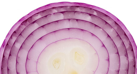 Fototapeta premium Macro close-up of purple onion slice with visible rings and layers, sharp detail texture, isolated on white background