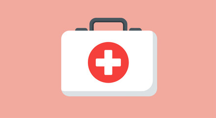Fototapeta premium A white first aid kit with a red cross symbol, centered on a pink background.