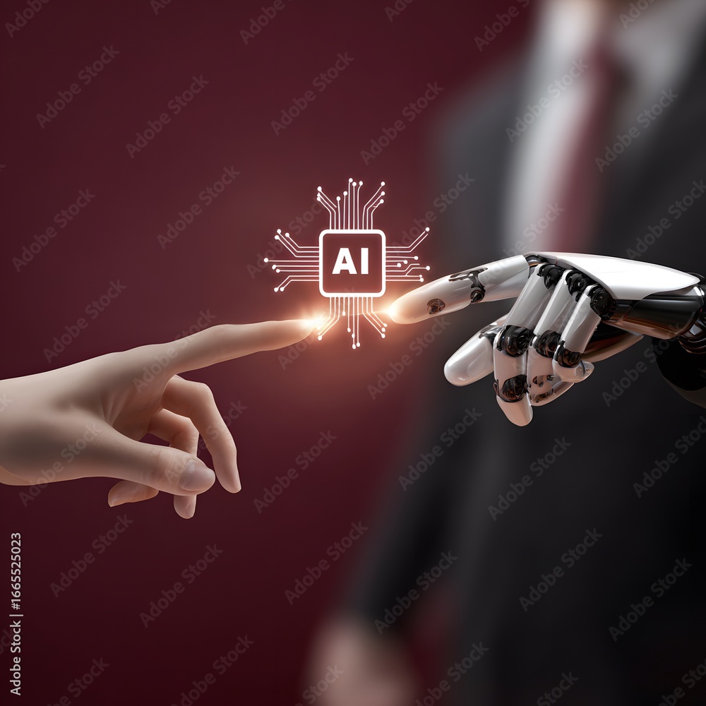 Poster human and robotic hands reaching to touch a glowing ai microchip symbolizing the future of human-mac