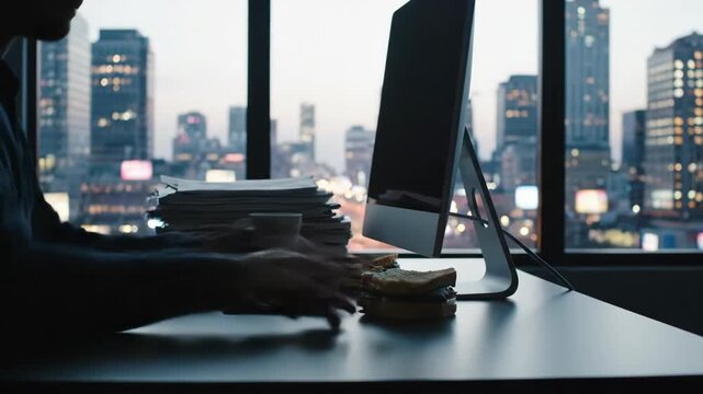 Person works at desk near window, city view