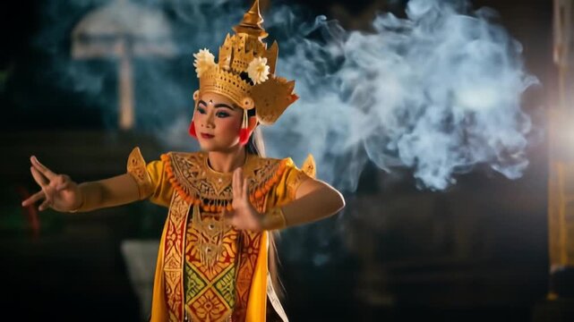 Captivating Balinese dancer performing traditional movements amidst mystical smoke in dark setting