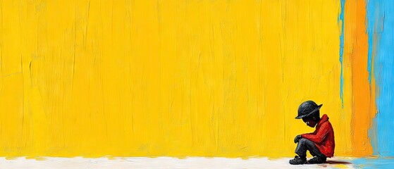 Image of a person sitting with colorful background painting of yellow, orange, and blue hues