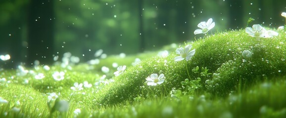 Lush green meadow with white flowers