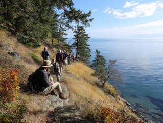 Group hikes along coastal trail. One rests, others walk with ocean views under a blue sky