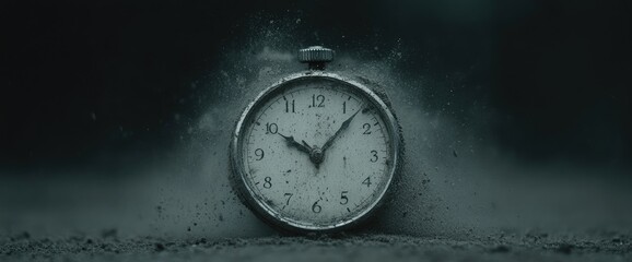 Dust surrounds a time piece. The clock sits on what appears to be a dusty surface