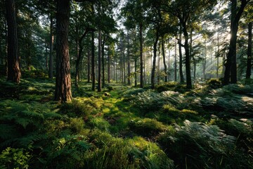 and keyword list based on the image

 Sunlight streams through lush green trees in wild forest landscape