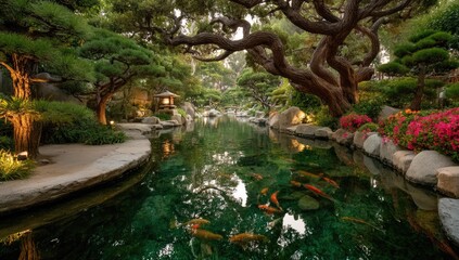and keyword list based on the image provided, following your specifications

 Koi Fish Swim in a Lush, Japanese-Style Garden Pond, Lit by Lanterns at Dusk.
