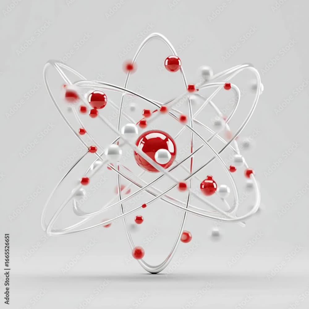 Poster abstract atom model animation red and white spheres orbiting in a clean 3d design