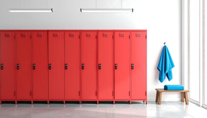 A row of vibrant red lockers stands in a clean, bright locker room, highlighted by a vibrant blue towel hanging on the wall.