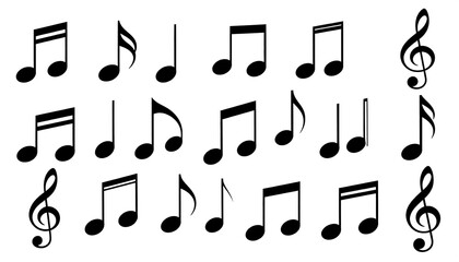 Various musical notes and a treble clef are displayed in a clean, simple design.