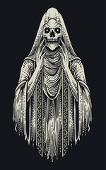 Illustration of Hooded Skeleton Spirit with Flowing Gothic Robes - Vector Design