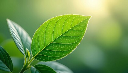 Botanical macro photography of fresh green foliage, highlighting leaf vein texture and cellular pattern closeup natural detail