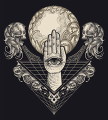 Illustration hand with eye engraving ornament frame with engraving moon.